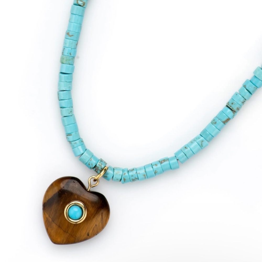 Turquoise Beaded Necklace with Tigers Eye Heart Necklace by Mayamar